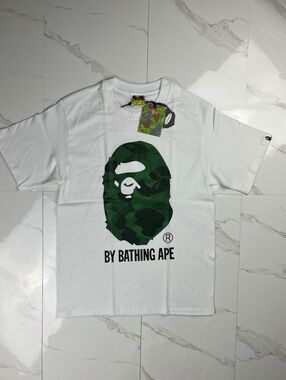 A Bathing Ape White T-Shirt with Green Camouflage Ape Head S